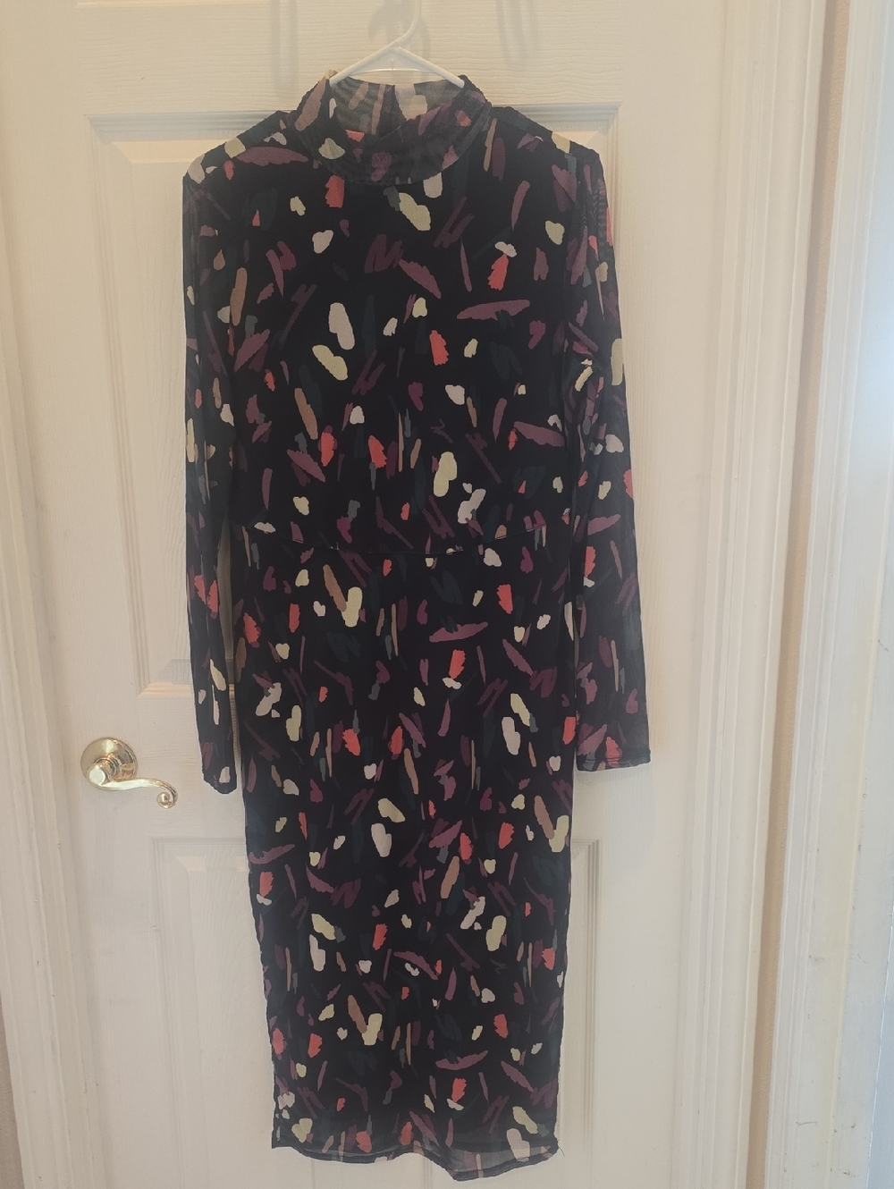 Long Sleeve Black Abstract Midi Dress with Pink & Cream Accents